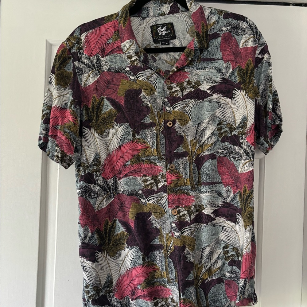Pull&Bear Red and Green Casual Button Down Shirt